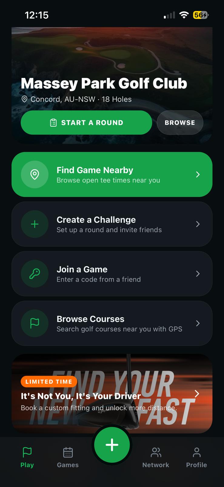 LTPGolf app home screen showing course details and quick actions