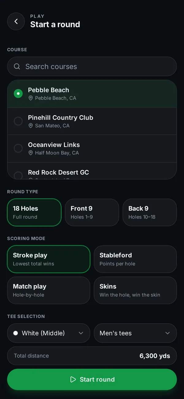 LTPGolf Create Game screen