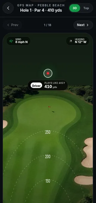 LTPGolf on-course GPS screen showing Pebble Beach Hole 1